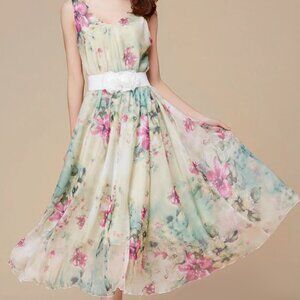 Chiffon Green and Pink Floral Flowy Maxi Dress